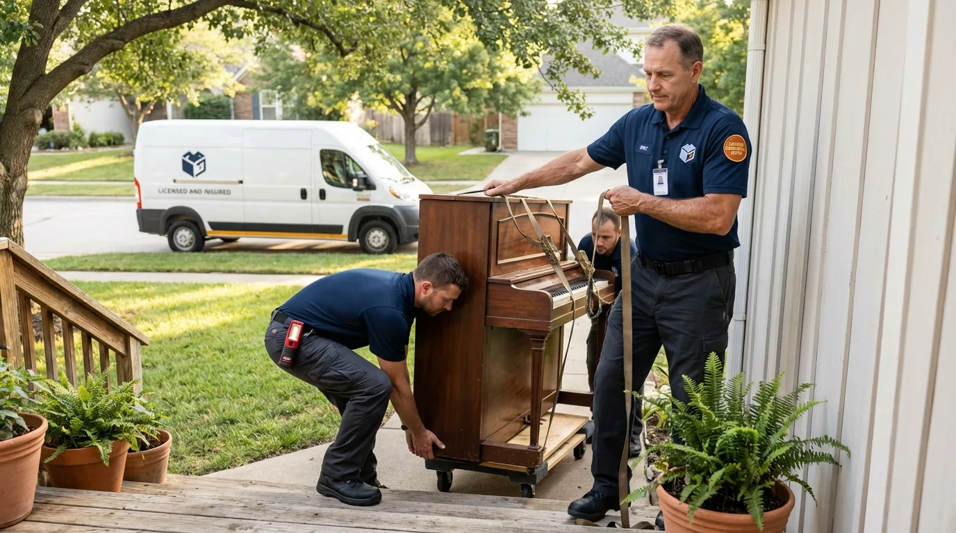 Licensed piano movers securing grand piano in Spring Lake, NJ