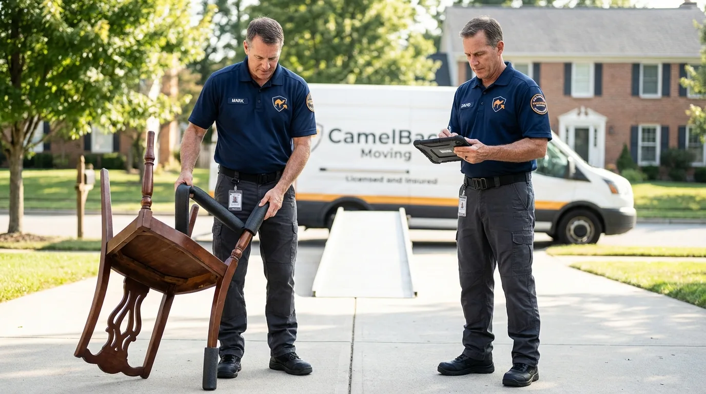 Movers inspecting furniture for damage prevention before loading in Spring Lake, NJ