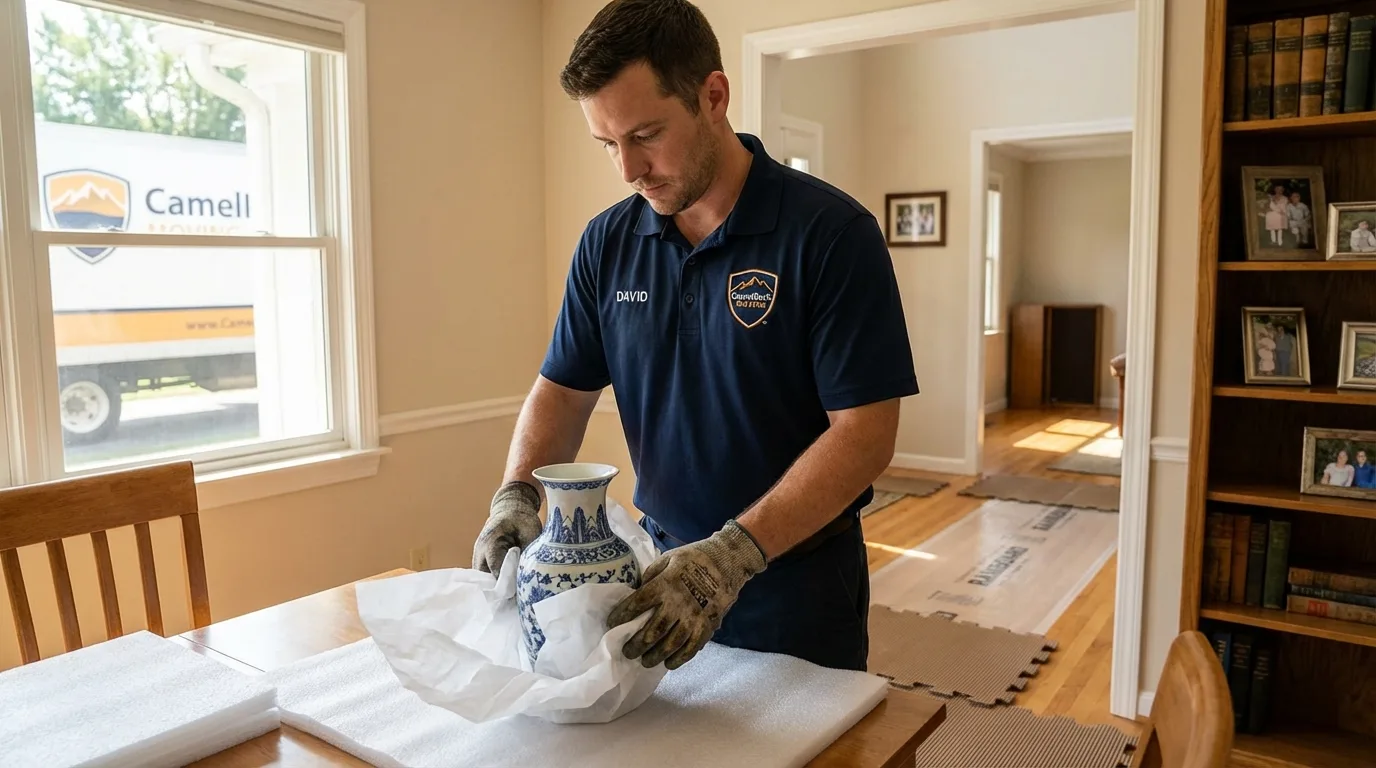 Professional crew carefully wrapping antique vase for senior downsizing move in Spring Lake, NJ